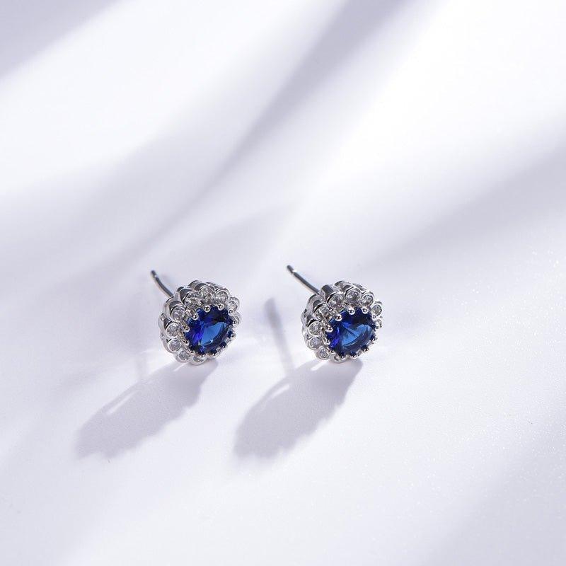 Sun Flower Blue Sapphire Round cut Stud Earrings In Sterling Silver - Trendolla Jewelry