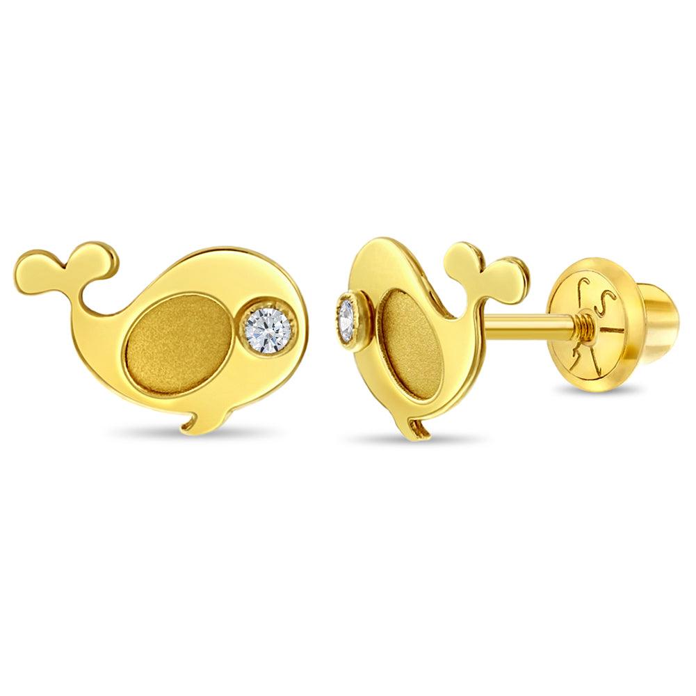 Swimming Whale Clear CZ Toddler / Kids / Girls Earrings Safety Screw Back - 14k Gold Plated - Trendolla Jewelry