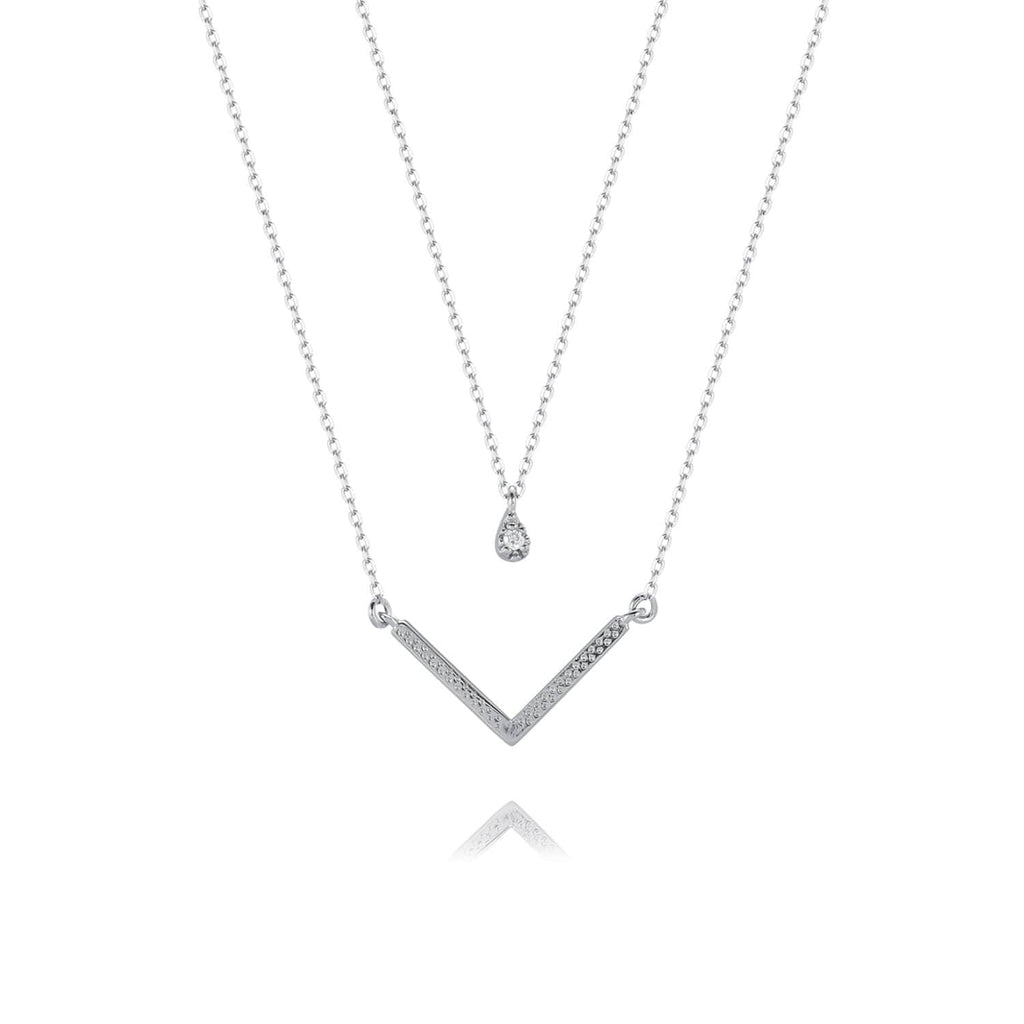 Tear Drop Bead Diamond Double Layered Necklace With V Shape Pendant - Trendolla Jewelry