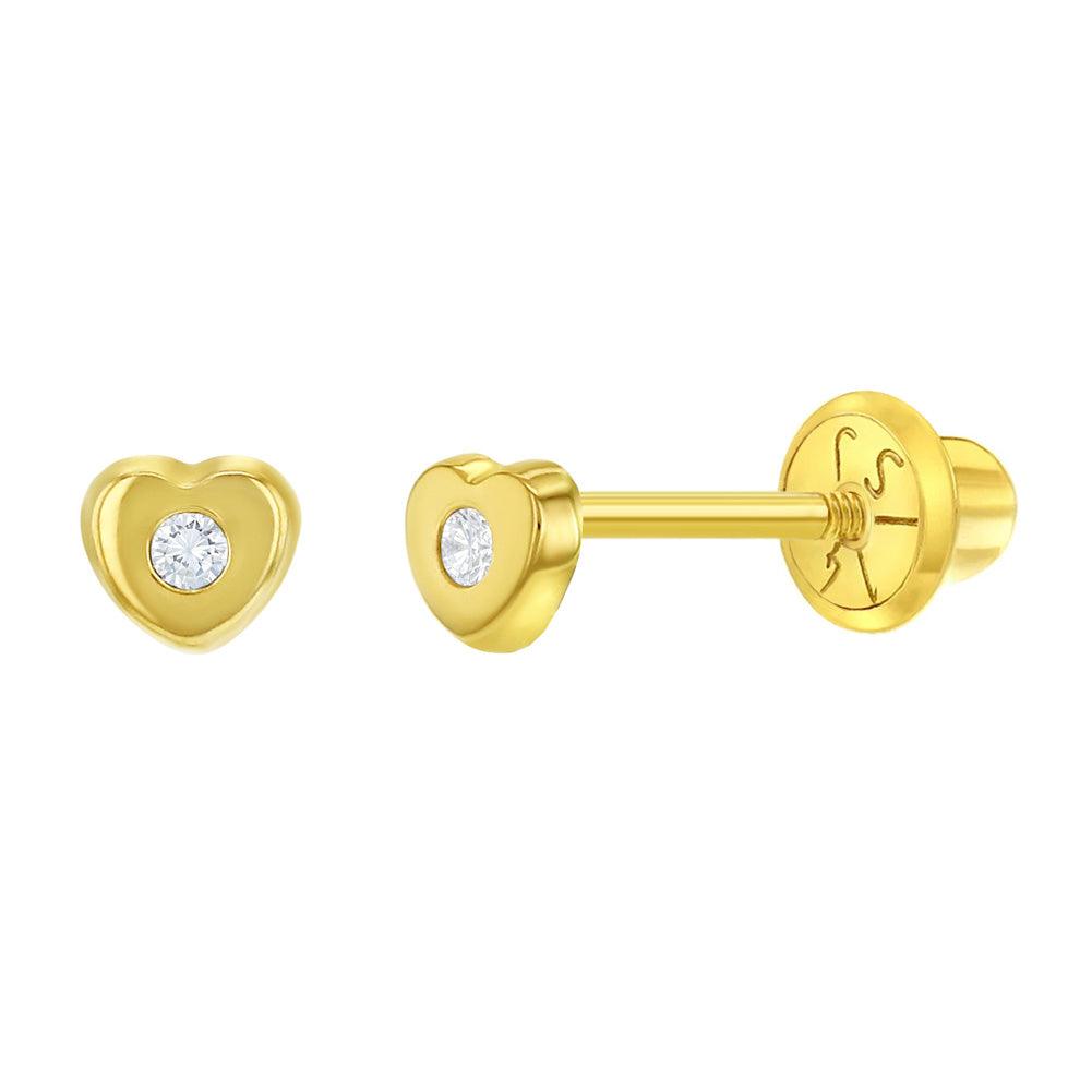 Teenie Tiny CZ Heart 3mm Baby / Toddler / Kids Earrings Safety Screw Back - 14k Gold Plated - Trendolla Jewelry