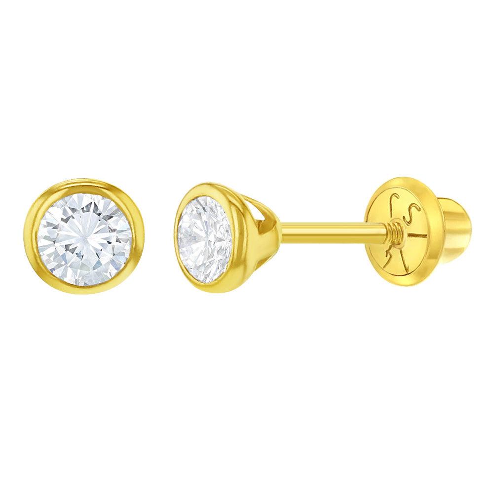 Tiny Bezel Set CZ 4mm Baby / Toddler / Kids Earrings Safety Screw Back - 14k Gold Plated - Trendolla Jewelry