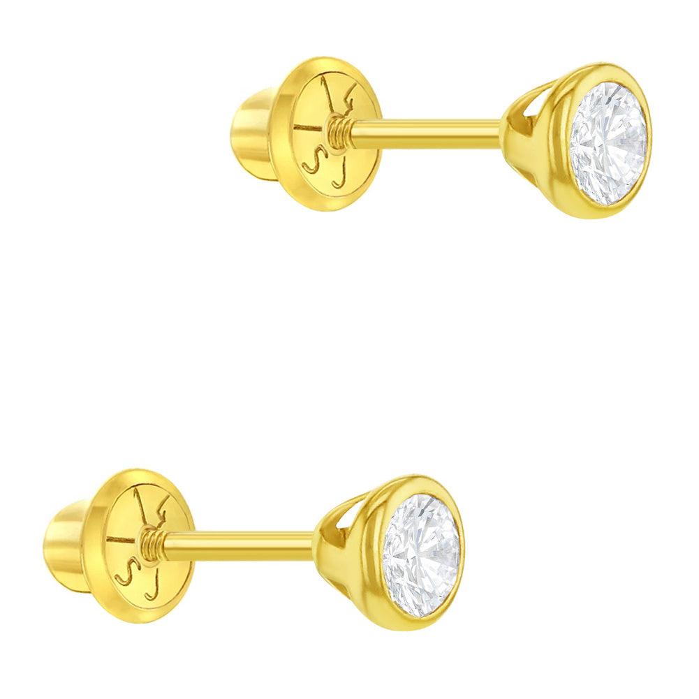 Tiny Bezel Set CZ 4mm Baby / Toddler / Kids Earrings Safety Screw Back - 14k Gold Plated - Trendolla Jewelry