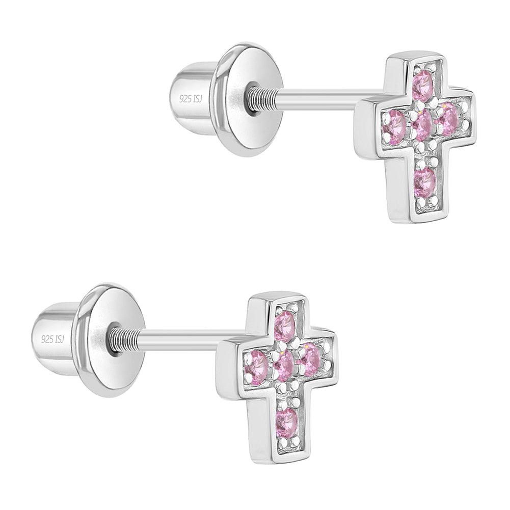 Tiny Classic CZ Cross 6mm Baby / Toddler / Kids Earrings Screw Back - Sterling Silver - Trendolla Jewelry