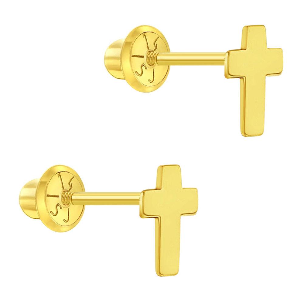 Tiny Cross Baby / Toddler / Kids Earrings Safety Screw Back - 14k Gold Plated - Trendolla Jewelry