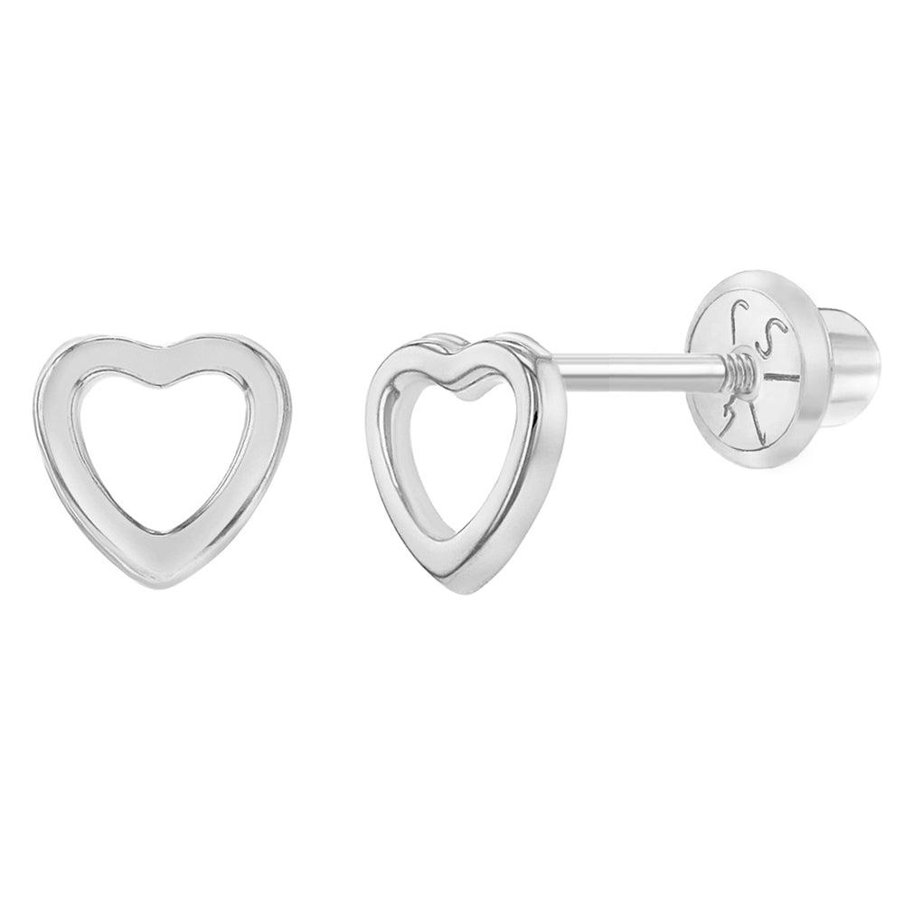 Tiny Open Heart Baby / Toddler / Kids Earrings Safety Screw Back - 14k White Gold Plated - Trendolla Jewelry