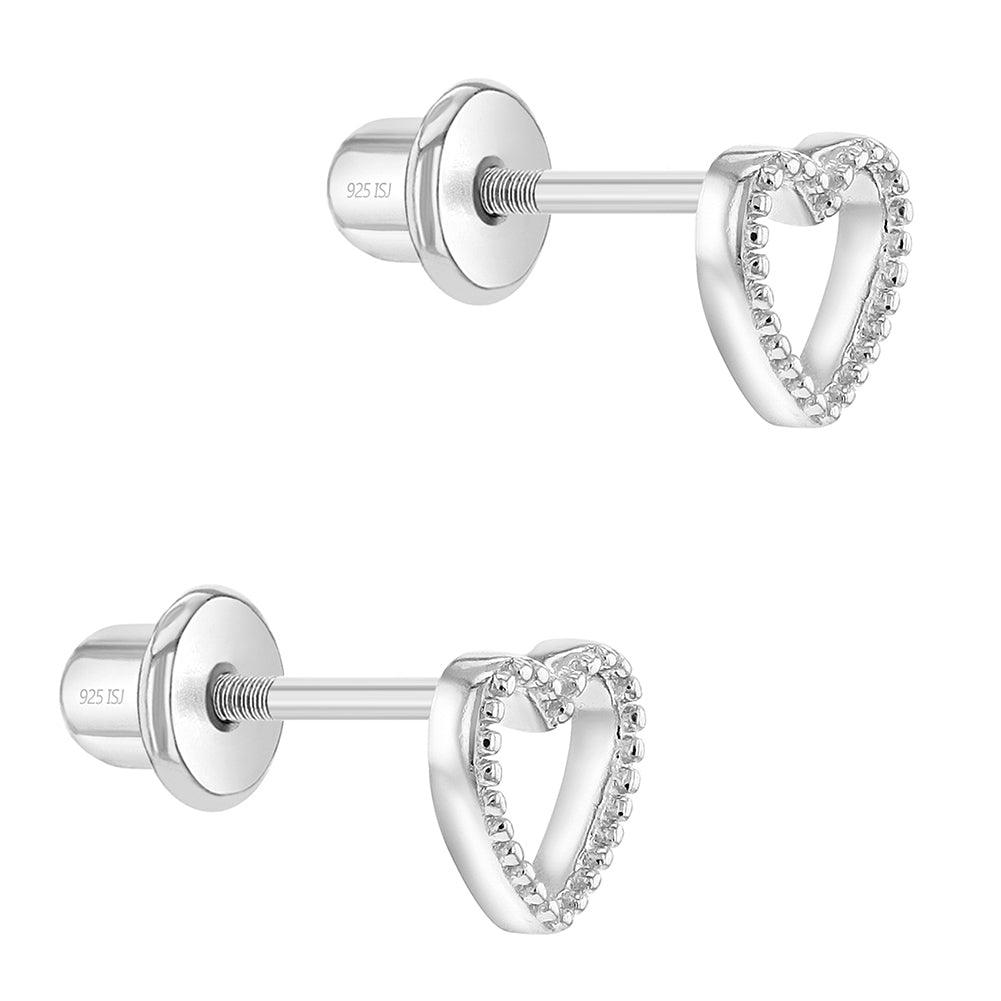 Tiny Open Textured Heart 4mm Baby / Toddler / Kids Earrings Screw Back - Sterling Silver - Trendolla Jewelry