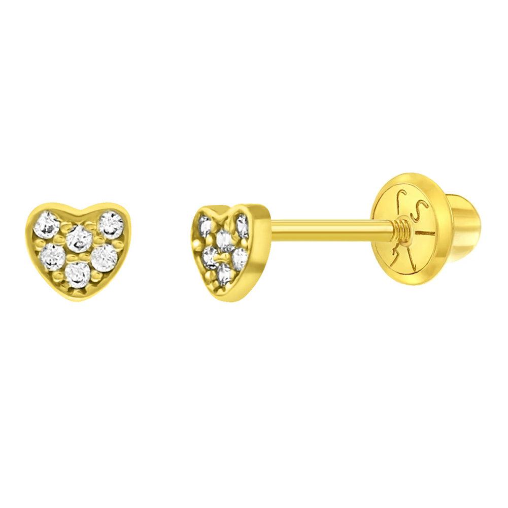 Tiny Pave CZ Heart 3mm Baby / Toddler / Kids Earrings Safety Screw Back - 14k Gold Plated - Trendolla Jewelry