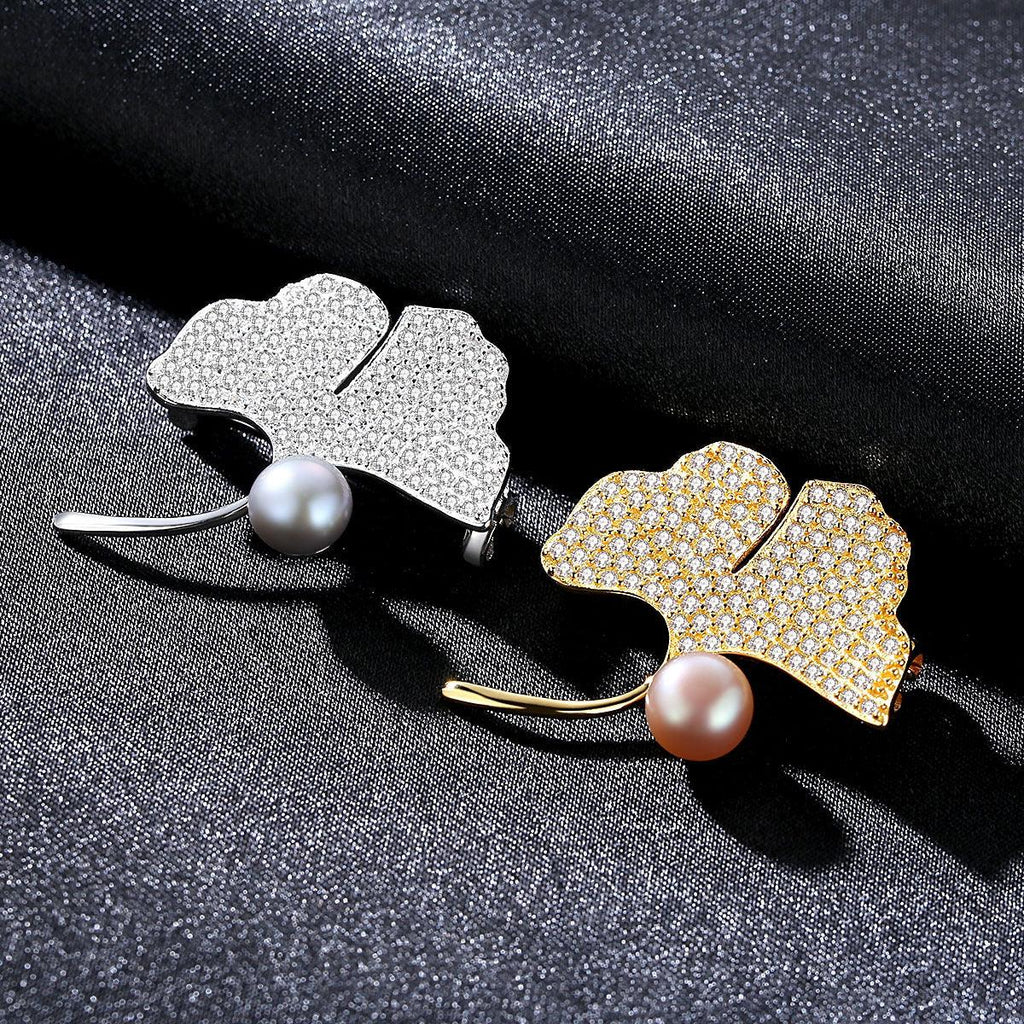 Trendolla apricot leaf Cultured Pearl Sterling Silver Pin Brooch - Trendolla Jewelry