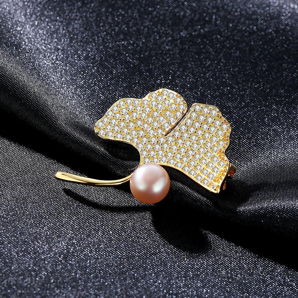 Trendolla apricot leaf Cultured Pearl Sterling Silver Pin Brooch - Trendolla Jewelry