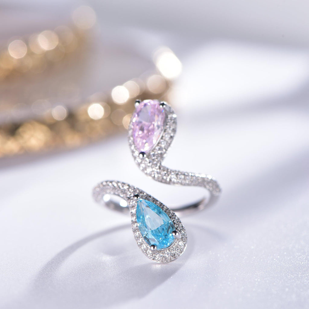 Trendolla Aquamarine Heart And Rose Quartz Heart Twogether Engagement ring Toi et Moi Ring - Trendolla Jewelry