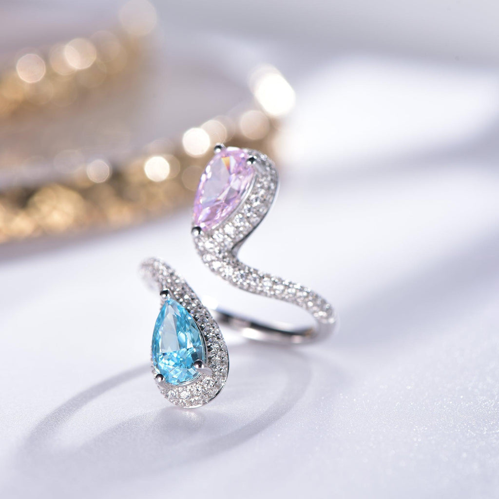 Trendolla Aquamarine Heart And Rose Quartz Heart Twogether Engagement ring Toi et Moi Ring - Trendolla Jewelry