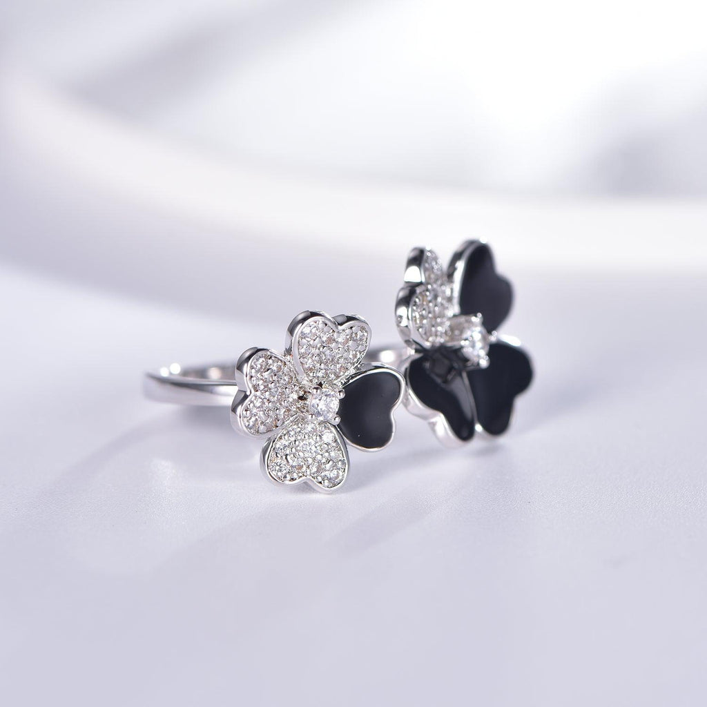 Trendolla Black Flower Cubic Zirconia Diamond Engagement Ring Toi et Moi Ring - Trendolla Jewelry