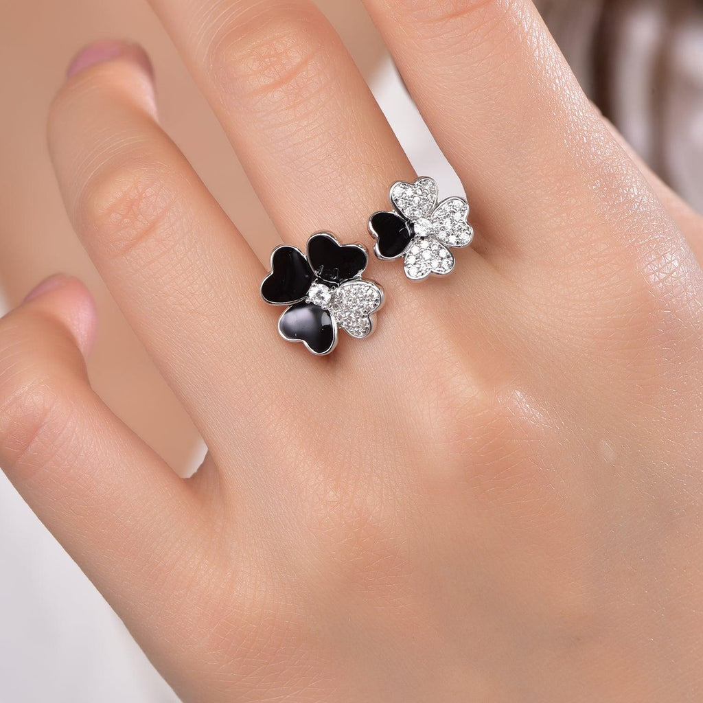 Trendolla Black Flower Cubic Zirconia Diamond Engagement Ring Toi et Moi Ring - Trendolla Jewelry