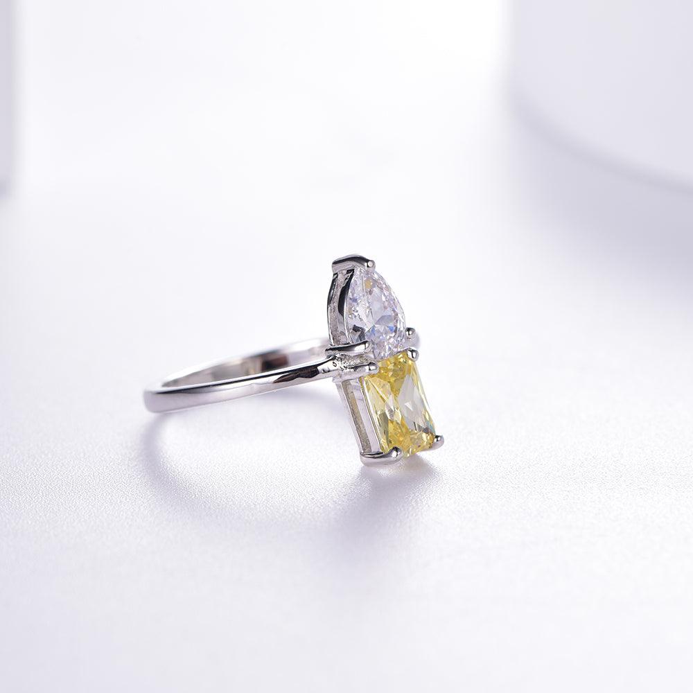 Trendolla Crystal Heart CZ And Yellow Topaz Cube CZ Engagement Ring Toi et Moi Ring - Trendolla Jewelry