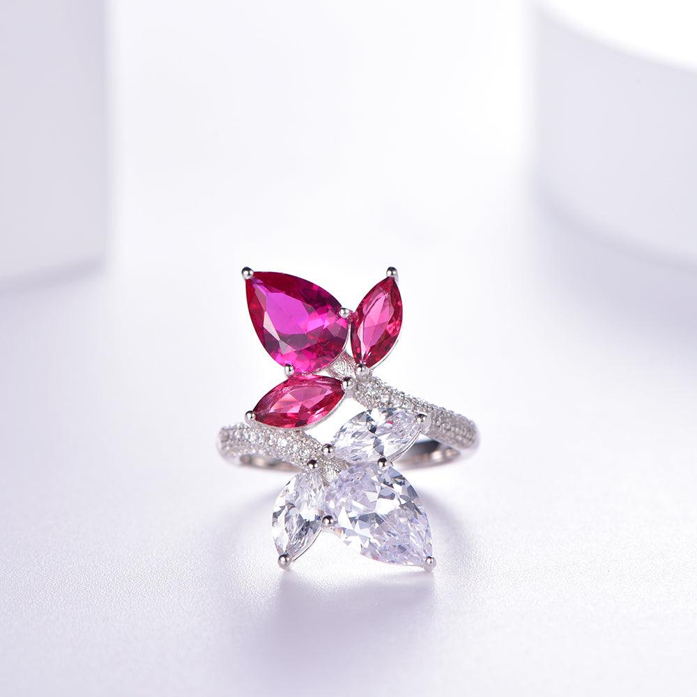 Trendolla Crystal Leaves And Ruby Leaves Toi et Moi Ring - Trendolla Jewelry
