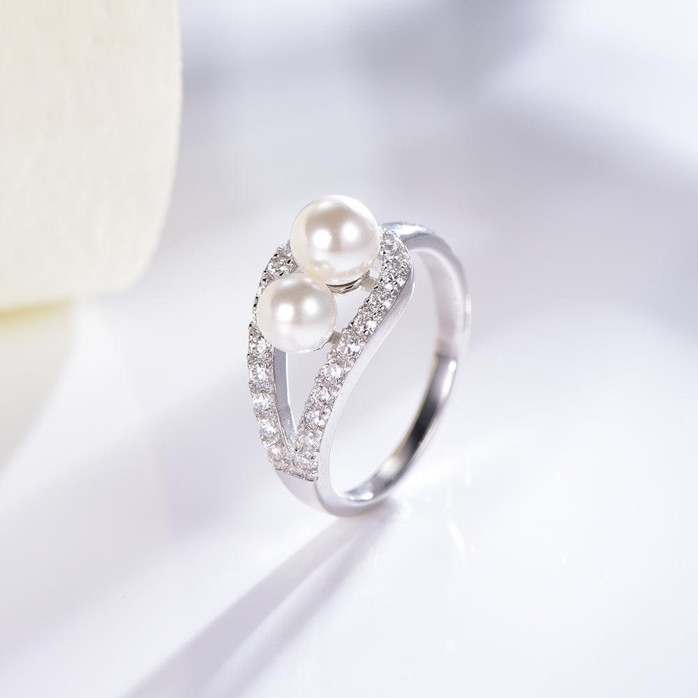 Trendolla Double Pearl Engagement Ring Toi et Moi Ring - Trendolla Jewelry