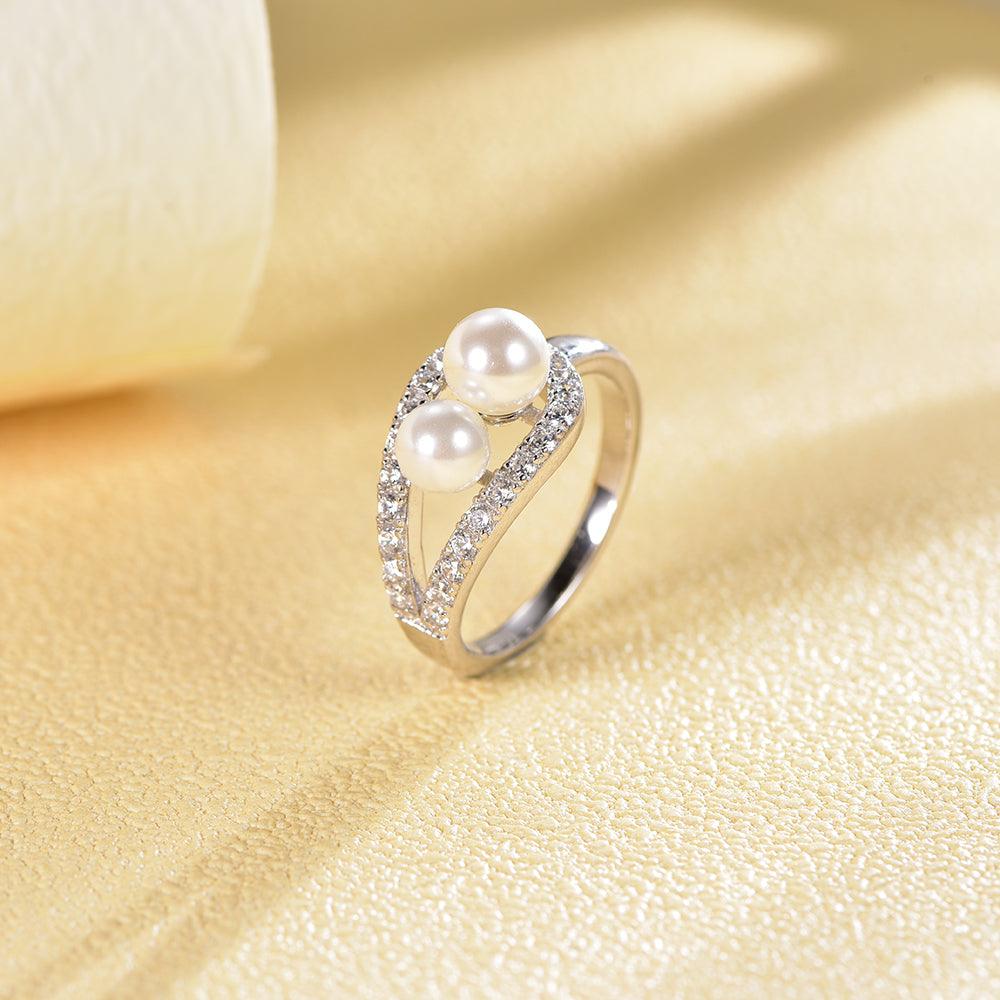 Trendolla Double Pearl Engagement Ring Toi et Moi Ring - Trendolla Jewelry