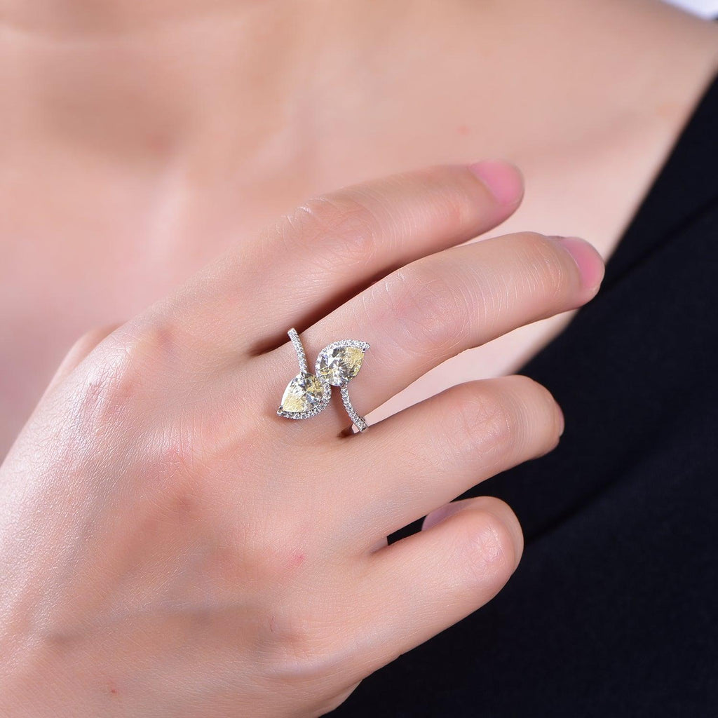 Trendolla Double Yellow Topaz Heart Cubic Zirconia Diamond Toi et Moi Ring - Trendolla Jewelry