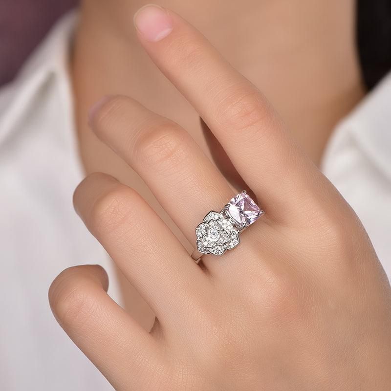 Trendolla Flower and Rose Quartz Cubic Zirconia Diamond Toi et Moi Ring - Trendolla Jewelry