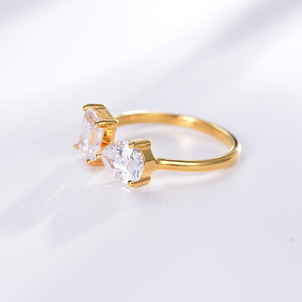 Trendolla Heart and Cube Cut Zirconia Diamond Toi et Moi Ring - Trendolla Jewelry