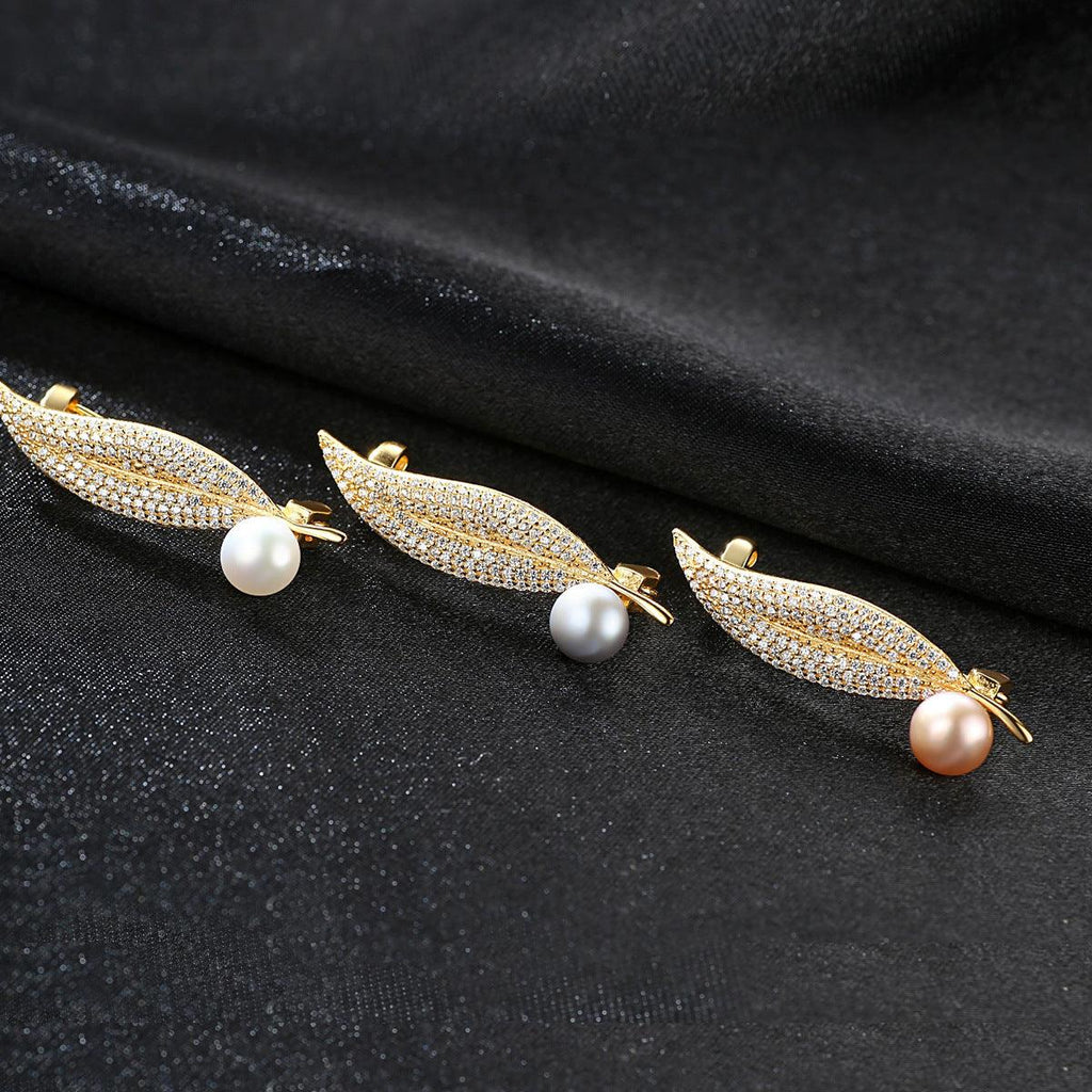 Trendolla Leaf Cultured Pearl Sterling Silver Pin Brooch - Trendolla Jewelry