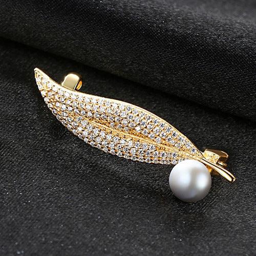 Trendolla Leaf Cultured Pearl Sterling Silver Pin Brooch - Trendolla Jewelry