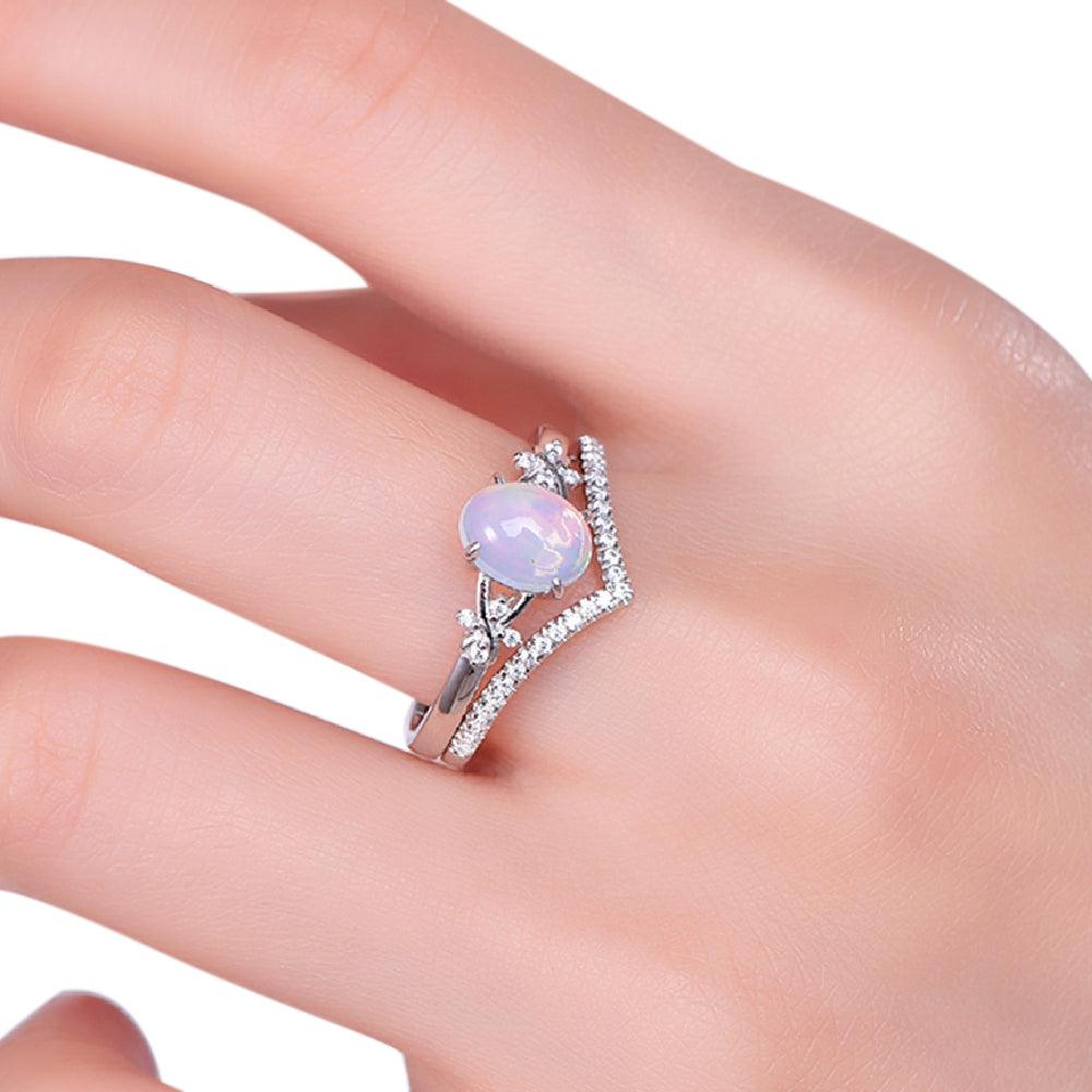 Trendolla Opal Stone Sterling Silver Ring Set Engagement Wedding Layer Band Ring - Trendolla Jewelry