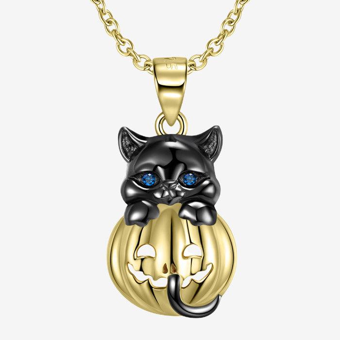 Trendolla Sterling Silver Halloween Black Cat Pumpkin Necklace - Trendolla Jewelry