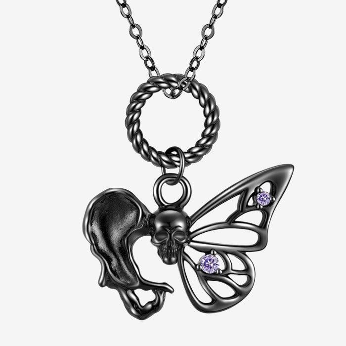 Trendolla Sterling Silver Halloween Black Gold Skull Butterfly Necklace - Trendolla Jewelry