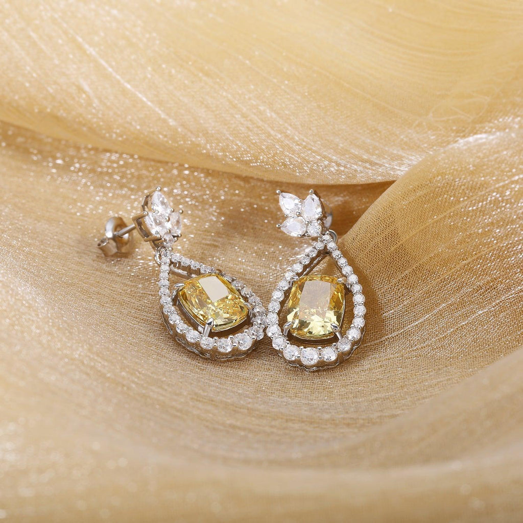 Trendolla Teardrop Sparkling Yellow Halo Pear Cut Sterling Silver Earrings - Trendolla Jewelry