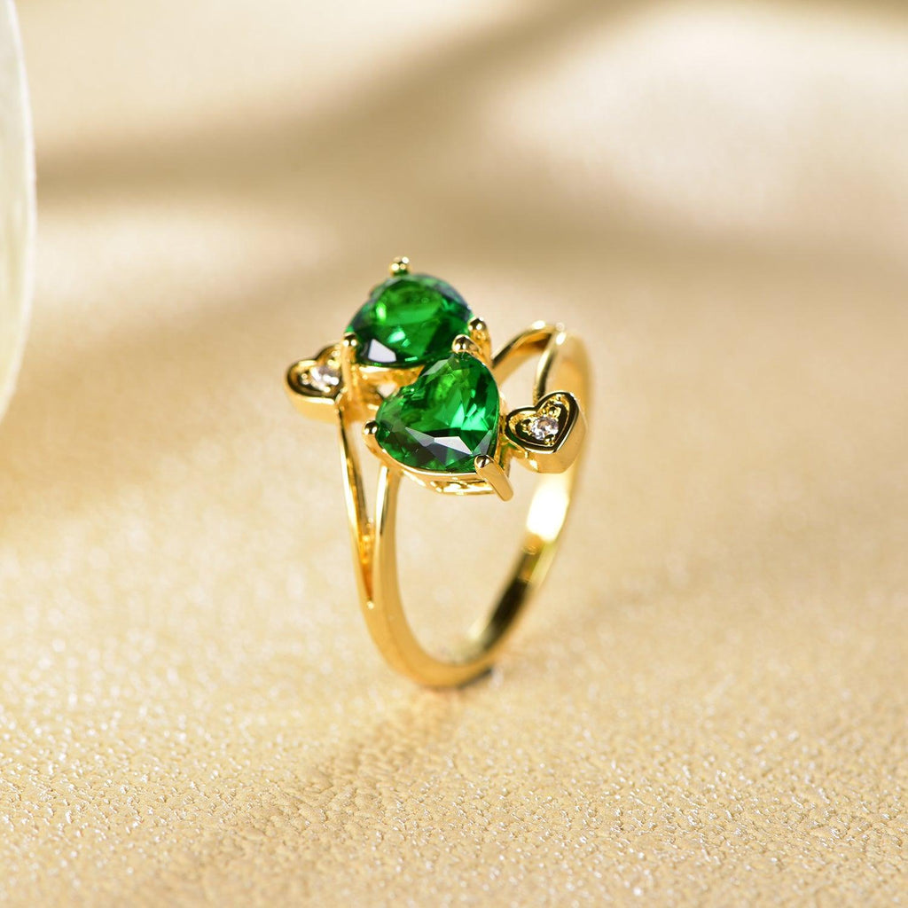 Trendolla Two Emerald Hearts CZ Diamond Gold Plated Toi et Moi Ring - Trendolla Jewelry