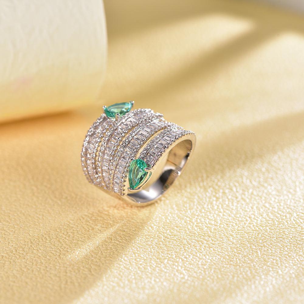 Trendolla Two Emerald Hearts CZ Diamond Wide Band Ring Toi et Moi Ring - Trendolla Jewelry