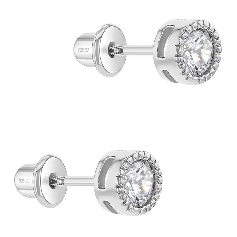 Trim Bezel Round CZ 5mm Baby / Toddler / Kids Earrings Screw Back - Sterling Silver - Trendolla Jewelry