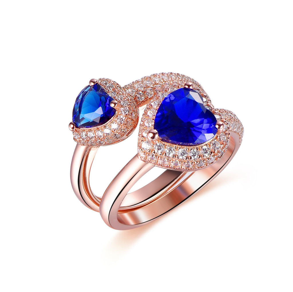 Two Halo September Sapphire Heart Cut Engagement Ring Toi et Moi Ring - Trendolla Jewelry