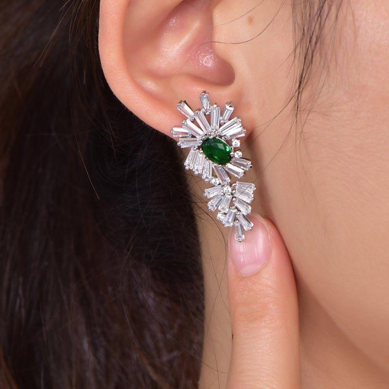 Two Tone Emerald Green Oval Cut Drop Earrings In Sterling Silver - Trendolla Jewelry